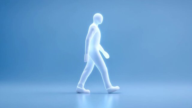 Abstract human silhouette figure glowing minimal 3d render concept monochrome blue background walking motion pose modern digital art style illustration futuristic abstract motion render soft human