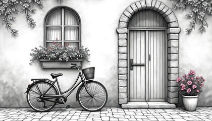 Bicycle parked near flowers. Old Italian street scene with arched doorway and window. Cobblestone pavement below. Peaceful European town atmosphere.