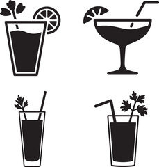 Cocktail Icons Set with Garnishes. Lemon Herb Flower Silhouettes. Minimalist Cocktail and Beverage Symbols Black Vector illustration for Bar and Restaurant Menus.