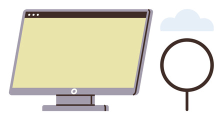 Technology, online search, data analysis, cloud computing, digital tools, internet browsing. A computer monitor with a magnifying glass and a cloud. Technology and online search