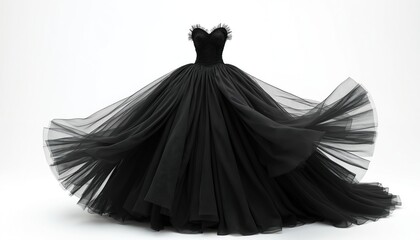 Elegant black ball gown with sweetheart bodice, voluminous tulle skirt isolated on white. Dramatic fabric drapes, flows, creating stunning silhouette. Perfect for fashion, bridal, or event themes.