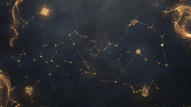 Glowing golden zodiac constellations in a starry night sky