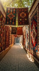 Colorful woven floor coverings adorn the narrow outdoor market walkway lined with brick walls