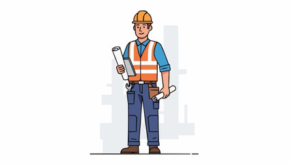 Construction worker holding blueprints and plans on a white background.