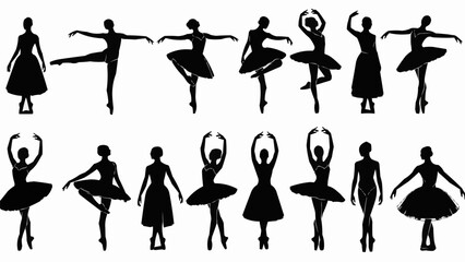 Collection of ballet dancer silhouettes in various poses. © Suci