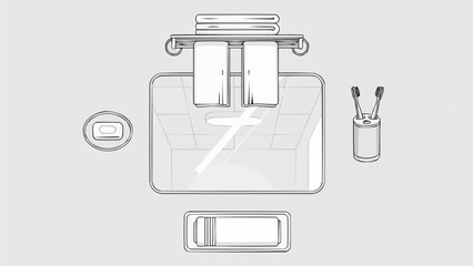 Overhead view of a clean bathroom sink with toiletries and towels.