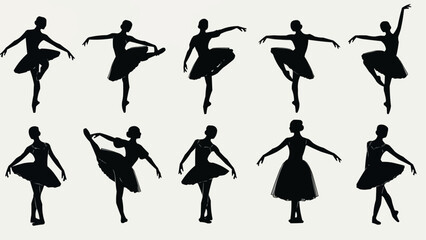 Silhouettes of ballet dancers in various poses on a light background.