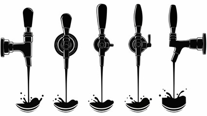 Collection of five different beer taps pouring liquid into splashes.