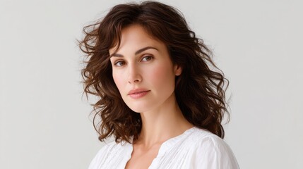 Fototapeta premium Elegant woman with beautiful curly hair posing in a light, natural setting, showcasing a calm expression and soft features, ideal for beauty or lifestyle themes