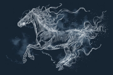 White line drawing of a horse running swiftly suitable for equestrian businesses, sporty designs, children's products, and farm related projects.