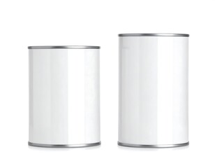 Two cylindrical containers with white exteriors and silver trim, isolated