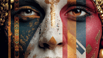 Face heavily painted with vibrant patterns, colors, and gold for artistic makeup, avantgarde fashion, beauty editorial, or cultural themes.