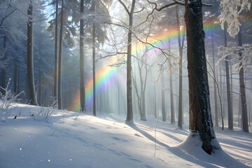 A magical rainbow appears over a snow covered forest in the bright winter sunlight.