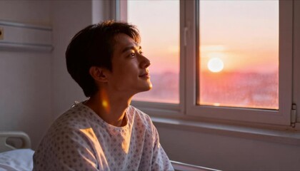 hopeful patient silhouette looking at golden sunrise through hospital window for recovery and healing journey perfect for health and world cancer day