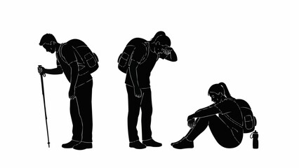 Hikers showing fatigue and resting during outdoor adventure.