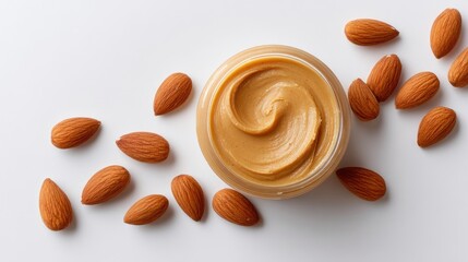 Creamy almond butter in a glass jar surrounded by whole almonds on a clean white background, perfect for healthy recipes and food styling needs