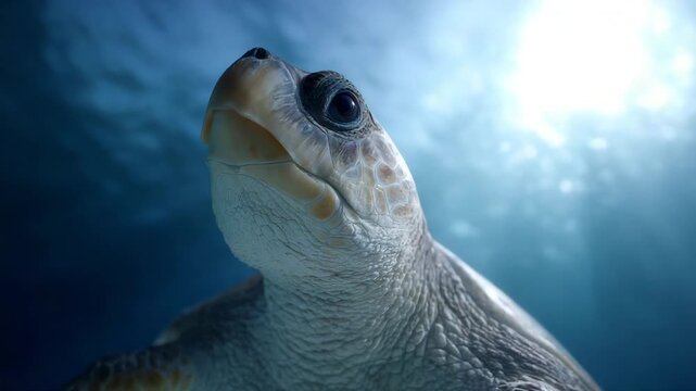 Sea turtle ocean underwater wildlife marine reptile nature blue aquatic animal portrait gentle marine animal swimming calmly deep blue water with soft natural light peaceful underwater sea turtle