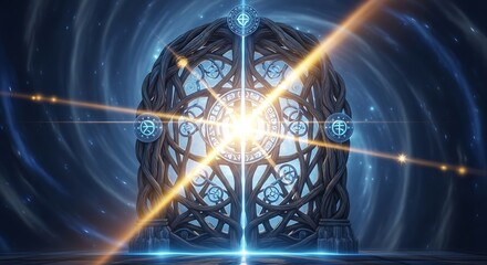 Mystical wooden portal framed by swirling cosmic energy emits intense bright light