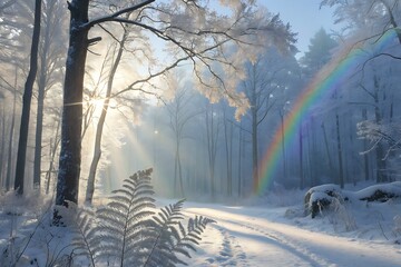 Morning sunbeams illuminate a snow-covered path in a mystical forest with a rainbow