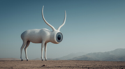 Alien deerlike creature with a giant eye wandering sandy terrain. Suitable for science fiction book covers or concept art projects.