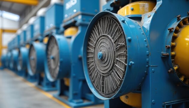 Row of industrial dust collectors with blue metal casing, yellow accents. Large circular fans visible on front of machines. Units help clean air in factories, construction sites. Filter out dust,