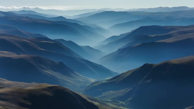 A majestic, cool blue mountain range in the comeragh mountains displays dramatic atmospheric perspective as layered slopes recede into a deep v-shaped valley, captured wide.