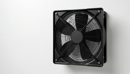 Black square box fan mounted on wall. This electric appliance provides airflow and cooling. Its design is simple and modern, suitable for home or office. It helps circulate air for comfort.