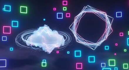 Glowing digital abstract shapes and a central energetic cloud float against a dark background