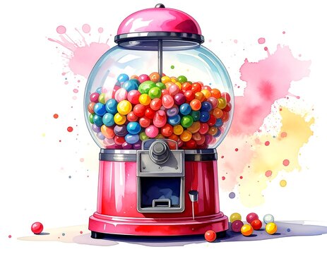 Watercolor depiction of a classic red gumball machine filled with candy
