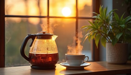 Hot water boils in glass kettle near steaming cup of tea. Sunset light streams through window, warming cozy room interior. Plant grows nearby. Perfect for break time.