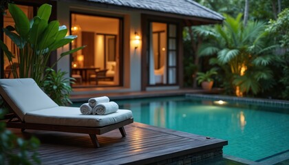 Luxury tropical villa with private swimming pool and loungers. Lush green plants surround the serene water. Villa rooms visible with warm interior lighting.