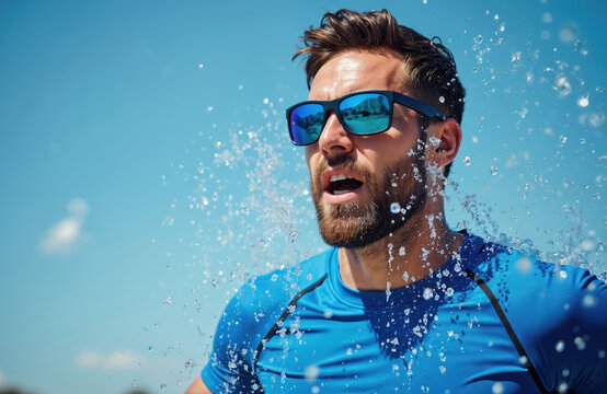Athletic man with sunglasses cools down with water splashes. He trains outdoors in summer sun. Dynamic motion refreshes body, boosts energy.