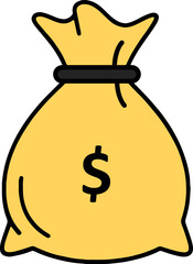 Yellow money bag icon with dollar sign and black tie