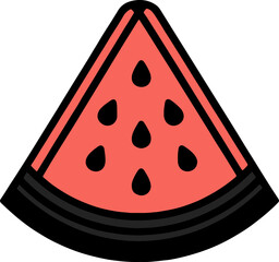 Watermelon slice icon with red pulp and black seeds