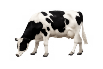 Holstein friesian cow grazing isolated on transparent background, black and white dairy cattle eating green grass
