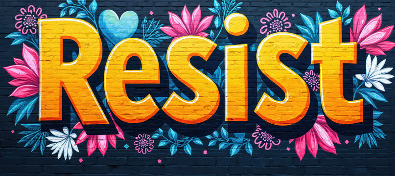 Yellow graffiti word Resist on dark brick wall. Colorful floral design with heart shape accents mural. Bold statement art for activism, protest, or positive message.