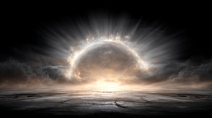 Dramatic cosmic event. A celestial body surrounded by ethereal light bursts across the dark sky