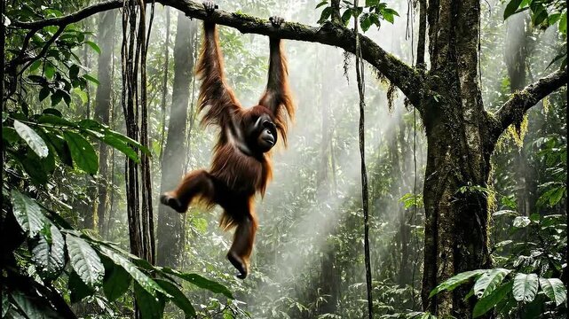 Sumatran orangutan swinging between rainforest trees