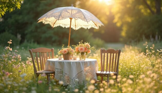 Table with chairs and umbrella set in grassy field with flowers. Romantic garden picnic setup for two with floral arrangements. Sunlight filters through trees creating warm ambiance.