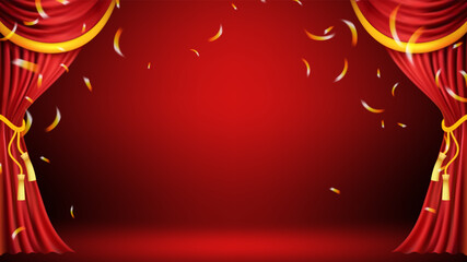 luxurious theater stage setting designed premium product presentation Deep red velvet curtains frame central polished