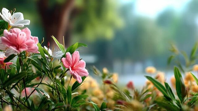 Blooming Beauty: A vibrant display of delicate pink and white blossoms, kissed by sunlight, graces a serene garden setting, offering a visual symphony of natural splendor.