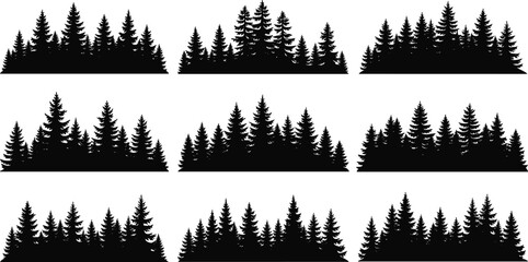 Conifer tree cluster silhouettes, black forest vector set, pine tree shapes, nature design elements, landscape illustration, evergreen graphic, minimal style