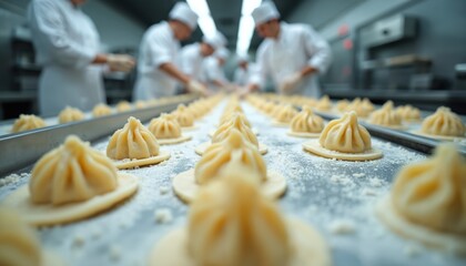 Workers in chef uniforms make dumplings on an automated production line. Uncooked pastry dough fills are arranged in neat rows on a conveyor belt. Modern kitchen machinery aids food manufacturing.