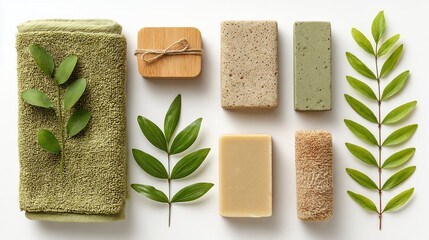 Arrangement of bath products featuring soap bars, towel, leaves, and bamboo
