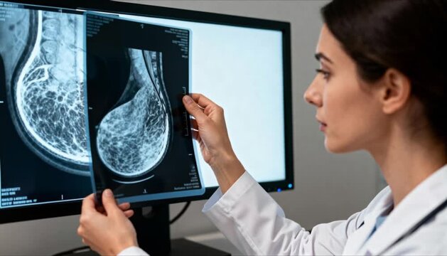 physician examining mammography images displayed on a monitor featuring breast x-ray scans perfect for health and world cancer day
