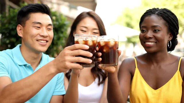 Diverse friends enjoying refreshing iced coffee outdoors on a sunny day