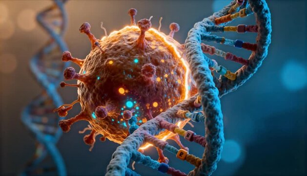 detailed close up of an illuminated cancer cell interacting with a dna strand perfect for health and world cancer day
