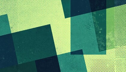 Abstract graphic design with overlapping geometric shapes in teal, yellow. Halftone dot pattern overlay on textured background creating retro grunge style. Modern abstract art composition suitable