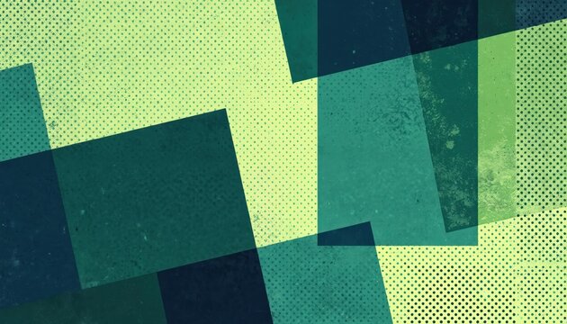 Abstract graphic design with overlapping geometric shapes in teal, yellow. Halftone dot pattern overlay on textured background creating retro grunge style. Modern abstract art composition suitable