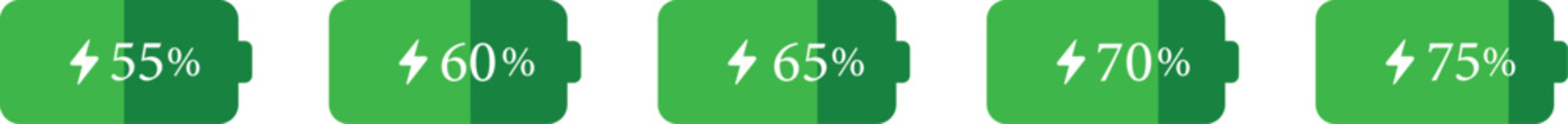 Battery Percentage Icon set. Battery charge level indicators showing different power levels isolated on transparent background. Monochrome battery charge level indicator icons.